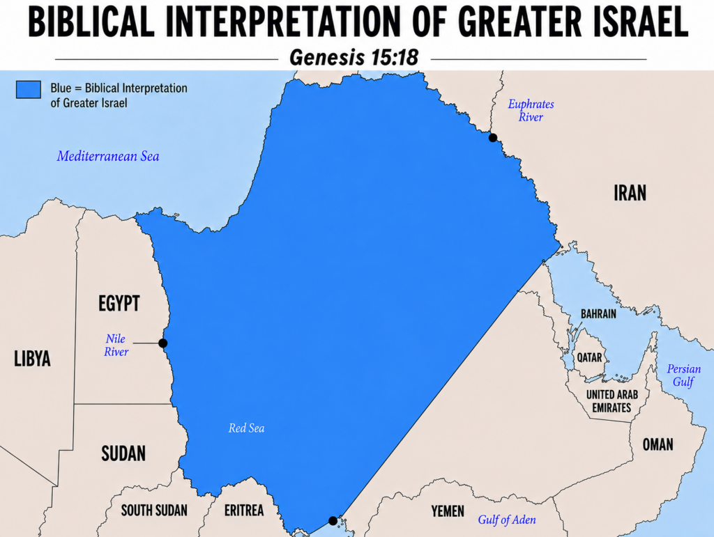 Map illustrating one interpretation of the biblical boundaries of Greater Israel described in Genesis 15:18, extending from the River of Egypt to the Euphrates.