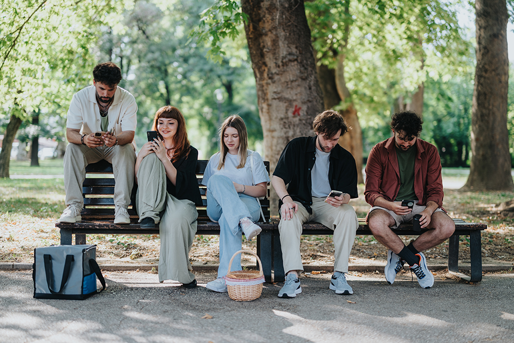 ive young people sitting on a park bench looking at their smartphones.