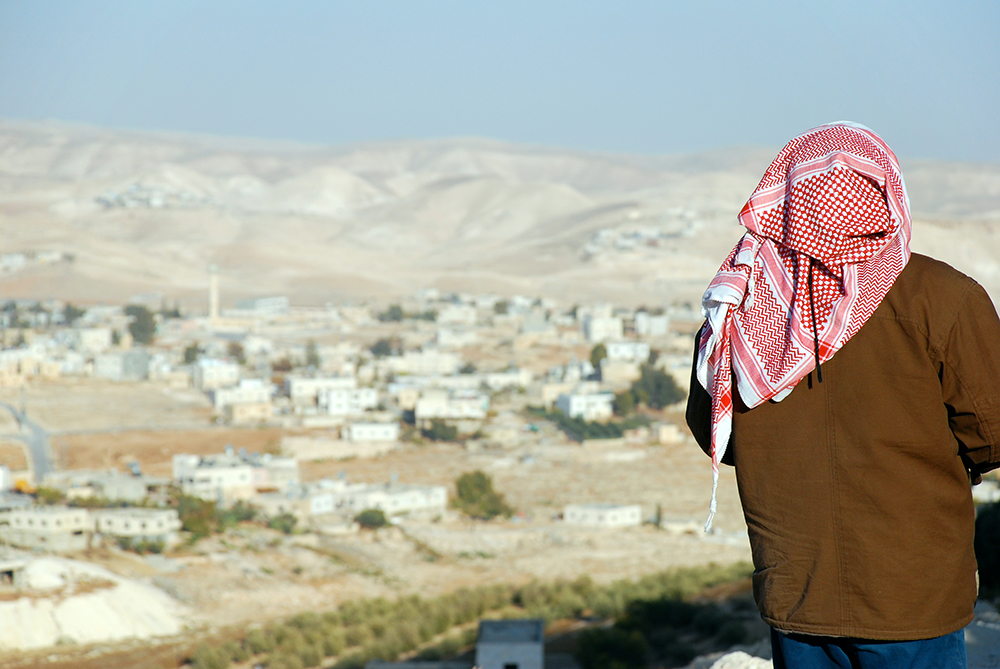 Elderly Palestinian man overlooking his village in the West Bank, illustrating the enduring connection many Palestinians have to their homes and communities.